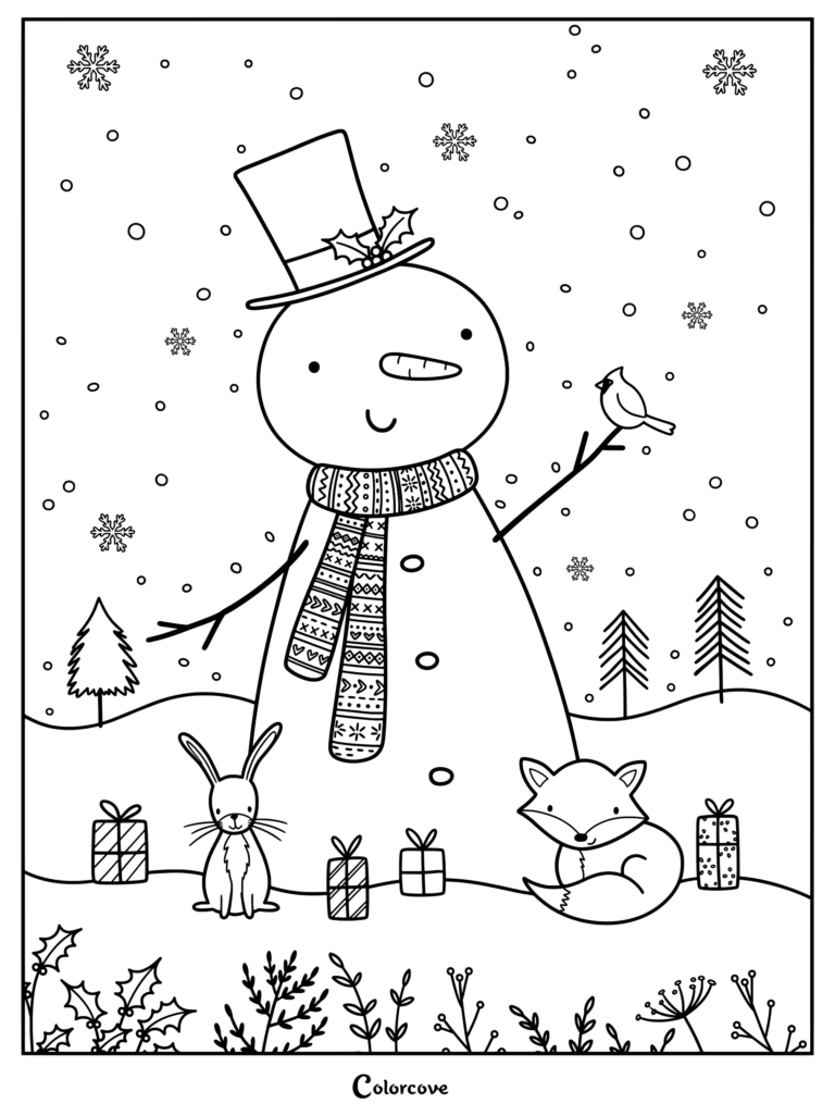 A snowman wearing a top hat and patterned scarf holding a bird, with a rabbit and fox sitting among gifts in a snowy forest coloring page.
