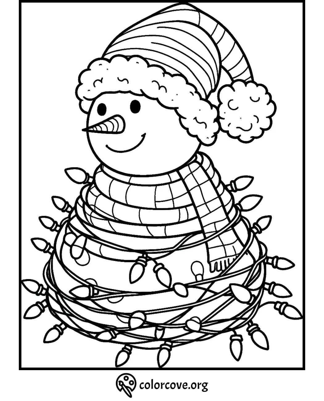 Snowman coloring page with festive lights and winter hat. Perfect for holiday fun and creative activities for kids.