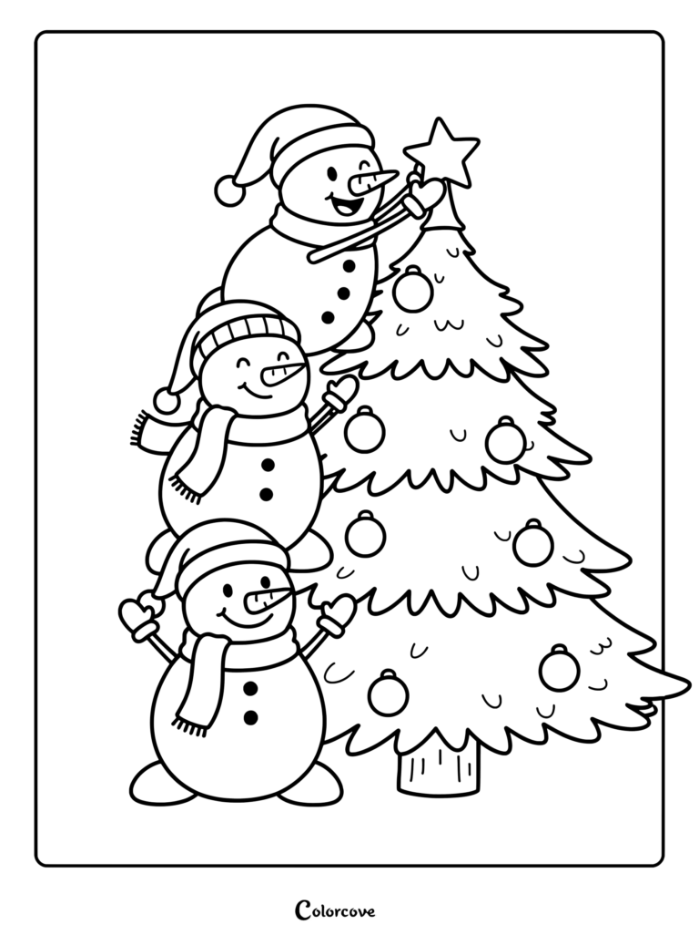 Three stacked snowmen wearing hats and scarves decorating a Christmas tree with ornaments and a star in this printable coloring page.