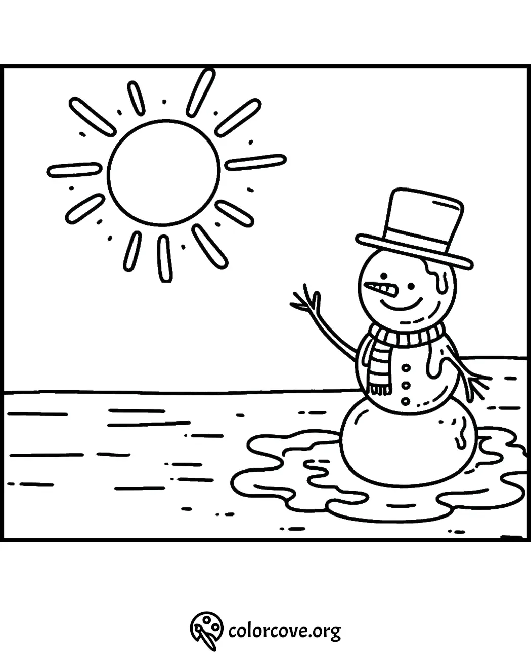 Snowman melting under the sun coloring page with hat and scarf. Fun and engaging for kids.