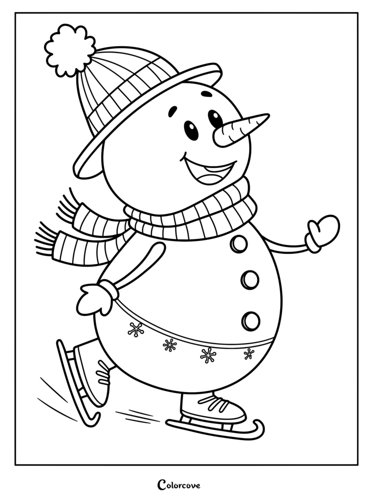 A happy snowman wearing a pom-pom beanie and striped scarf ice skating on a snowflake-patterned base, coloring page.