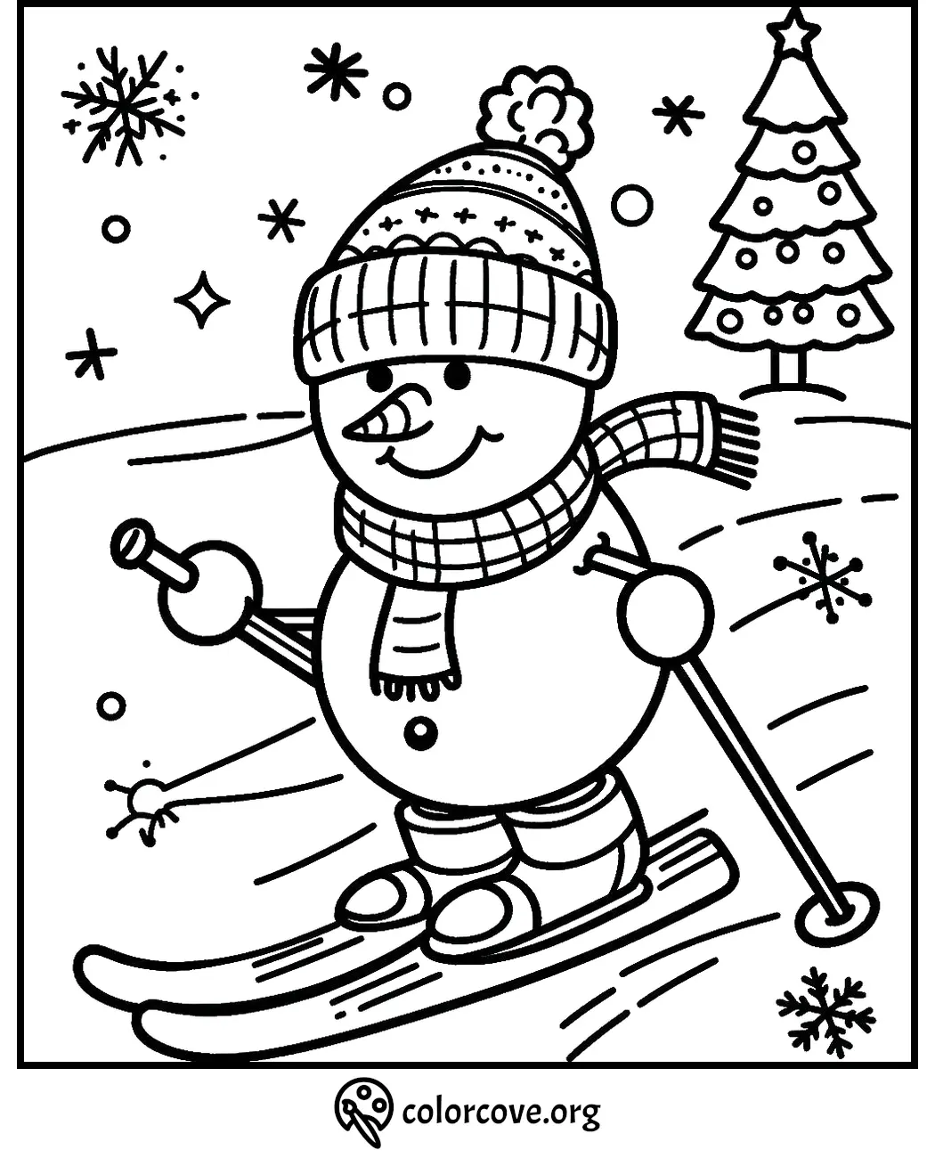 Snowman skiing coloring page with scarf, beanie, and snowflakes. Winter activity for kids.