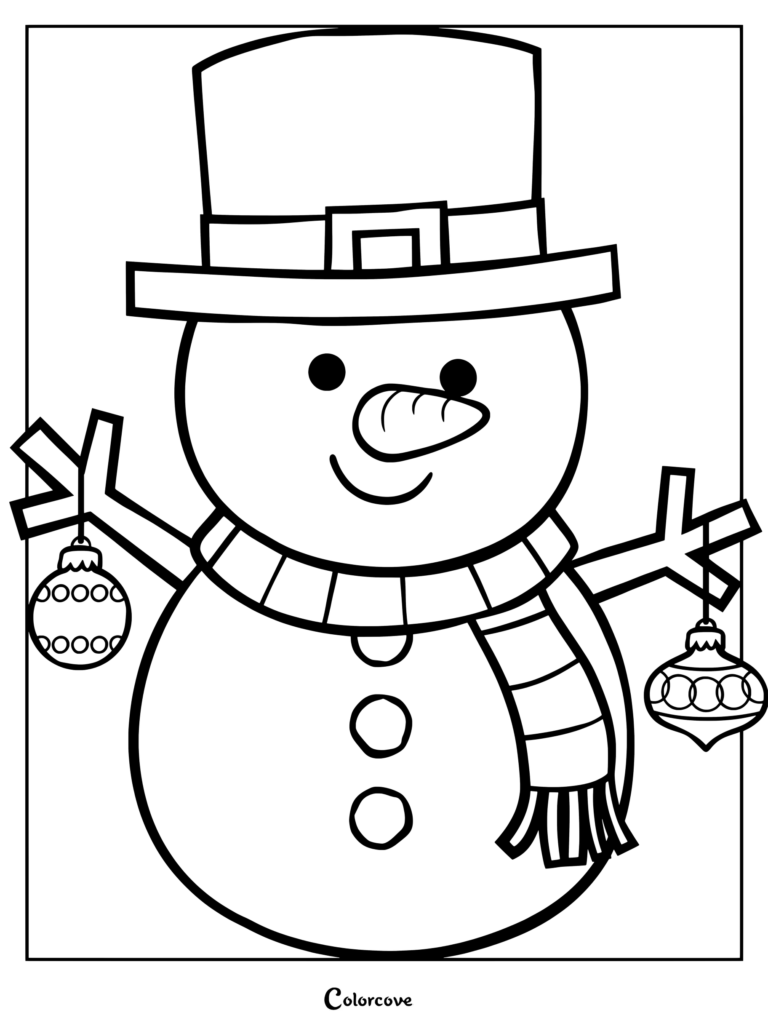A simple snowman coloring page wearing a top hat and scarf, holding two different Christmas ornaments in his stick hands.