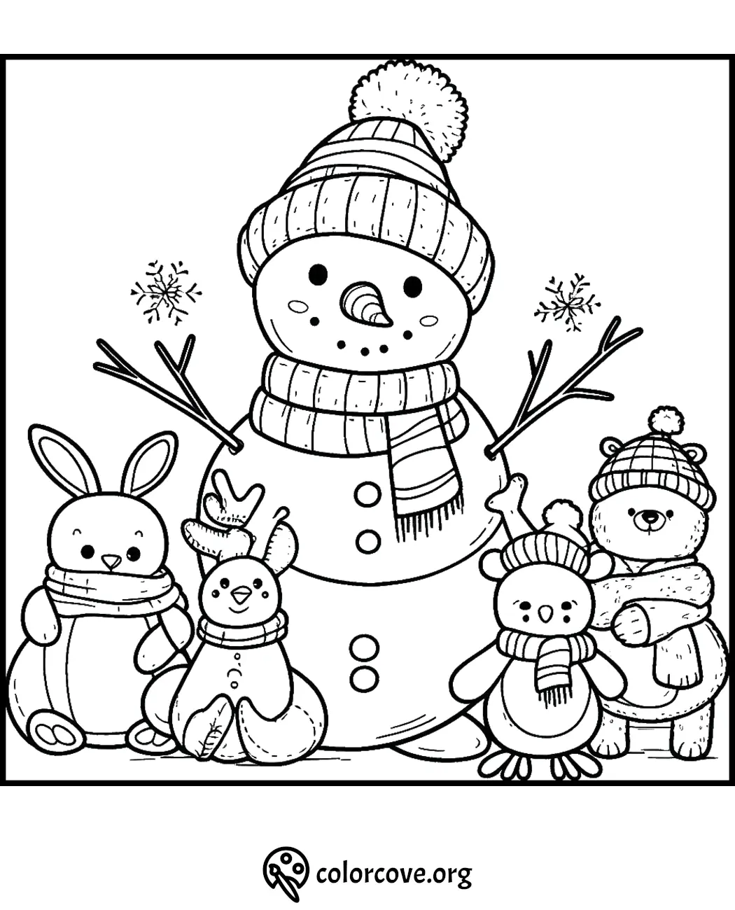 Snowman and animal friends winter scene coloring page – snowman, rabbit, deer, penguin, bear in scarves and hats.