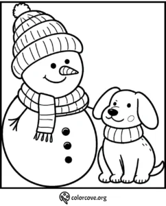 Snowman with a hat and scarf beside a happy dog in a festive winter coloring page.