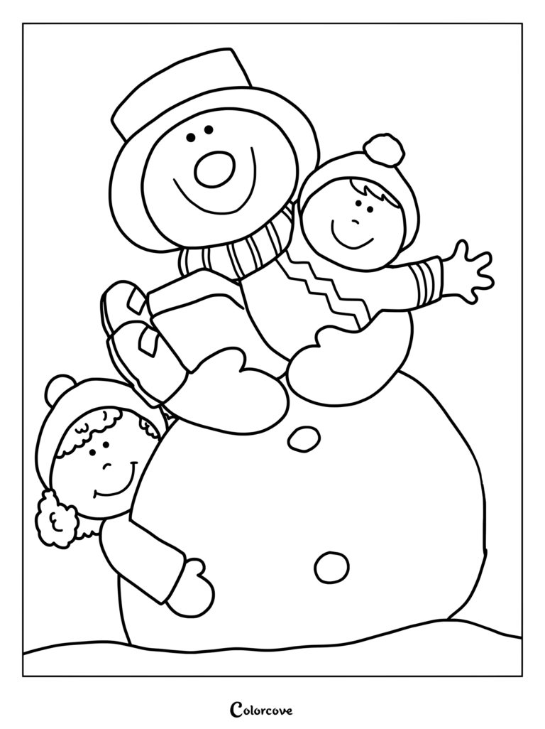 A happy snowman wearing a top hat and scarf holding a child while another child peeks from behind in this winter coloring page.