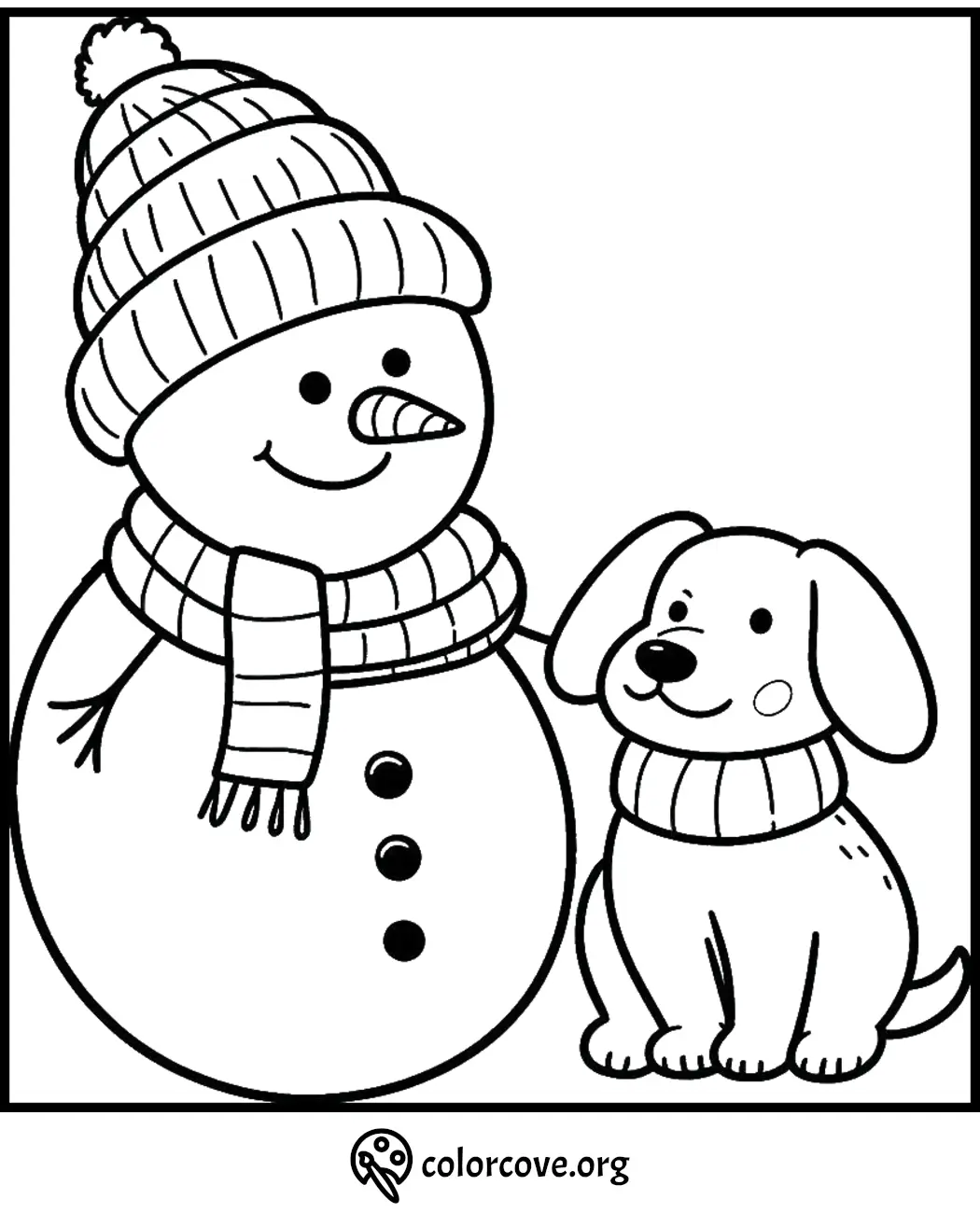 Snowman with a hat and scarf beside a happy dog in a festive winter coloring page.