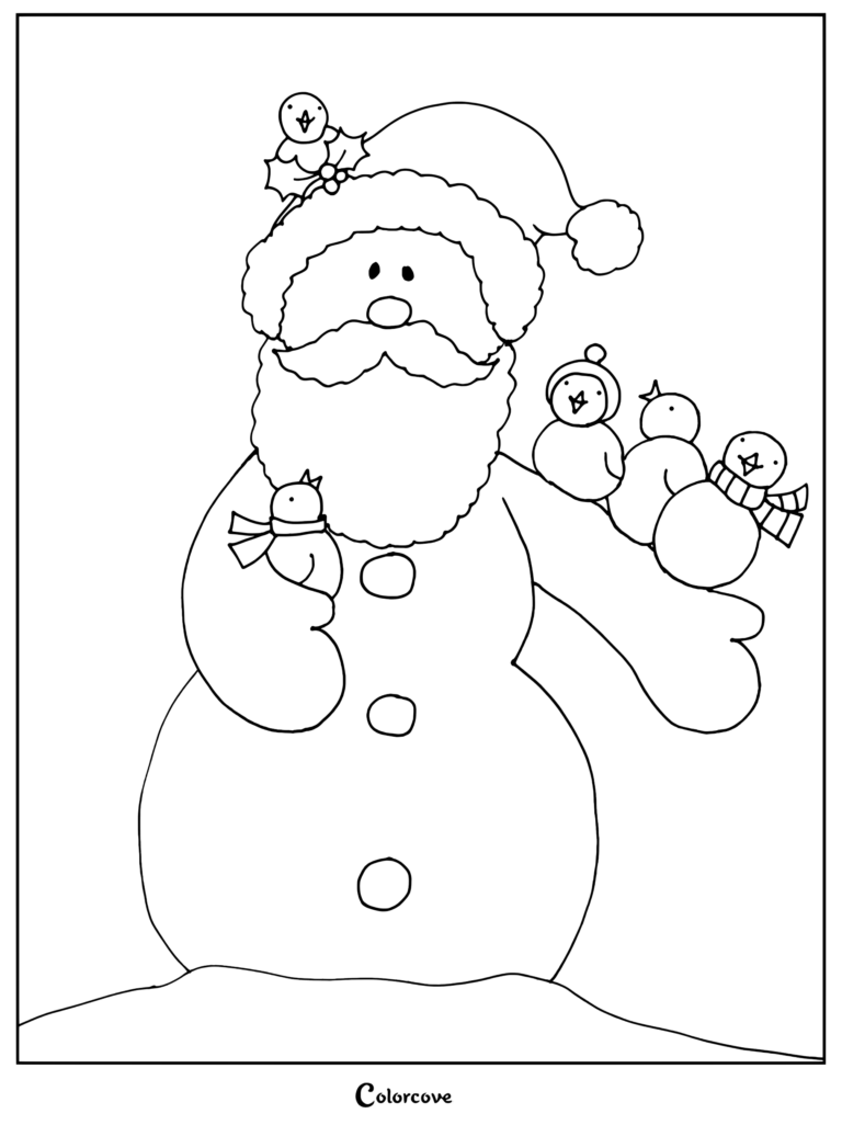 A Santa Claus snowman wearing a hat and holly, holding small birds on his arms, printable coloring page.