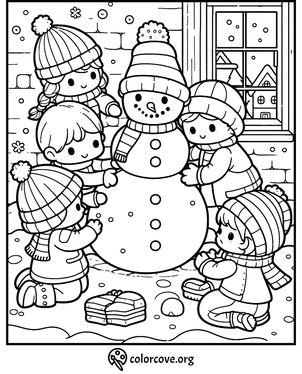 Kids building a snowman coloring page, featuring cozy winter scene with hats and scarves, perfect for festive fun.