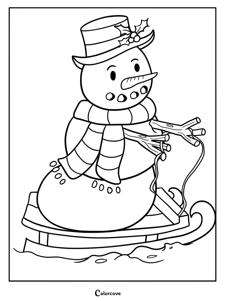 A happy snowman wearing a holly-decorated top hat and striped scarf riding a wooden sled, printable coloring page.
