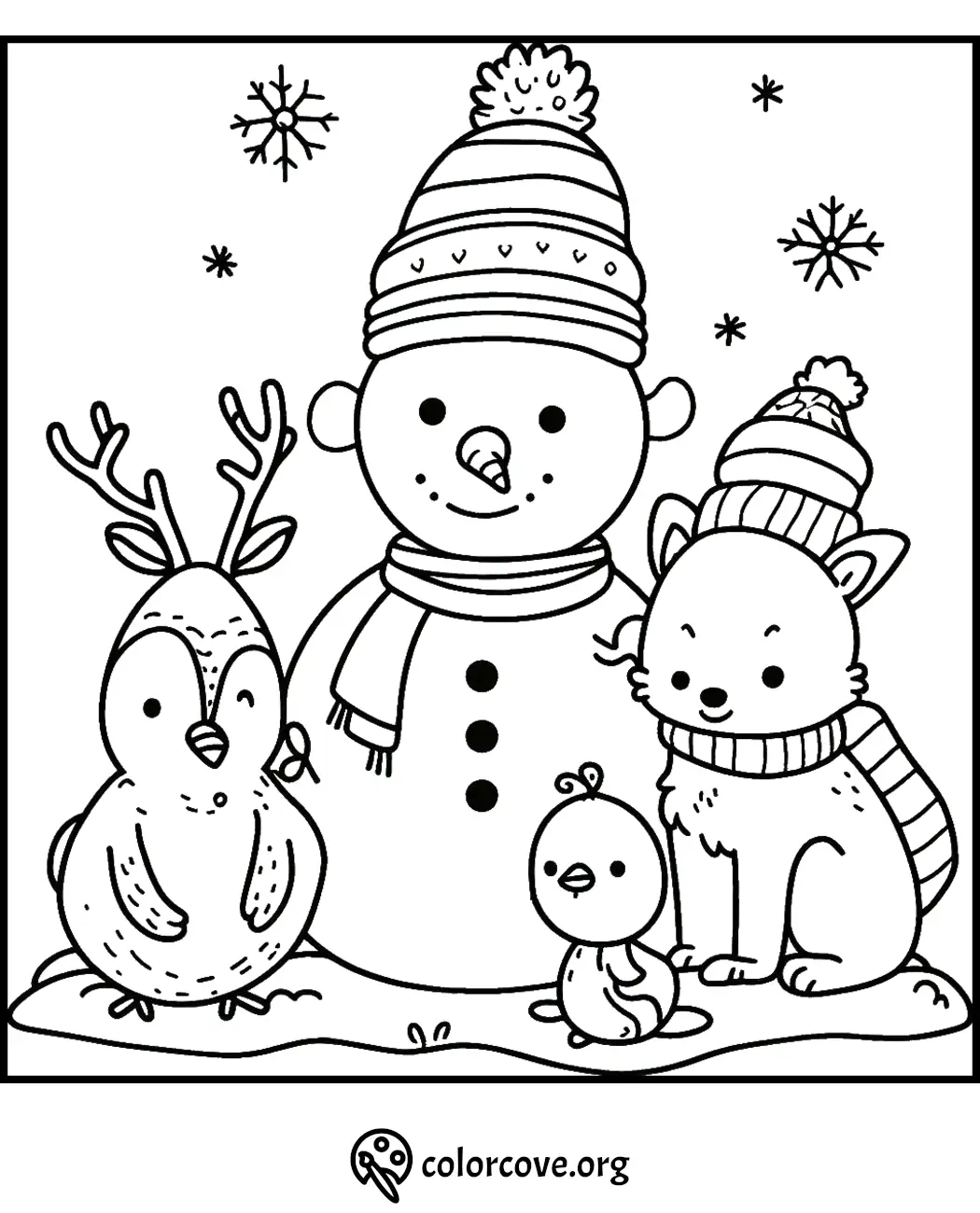 Winter coloring page with a snowman, reindeer, fox, bird, and snowflakes, perfect for holiday festivities.