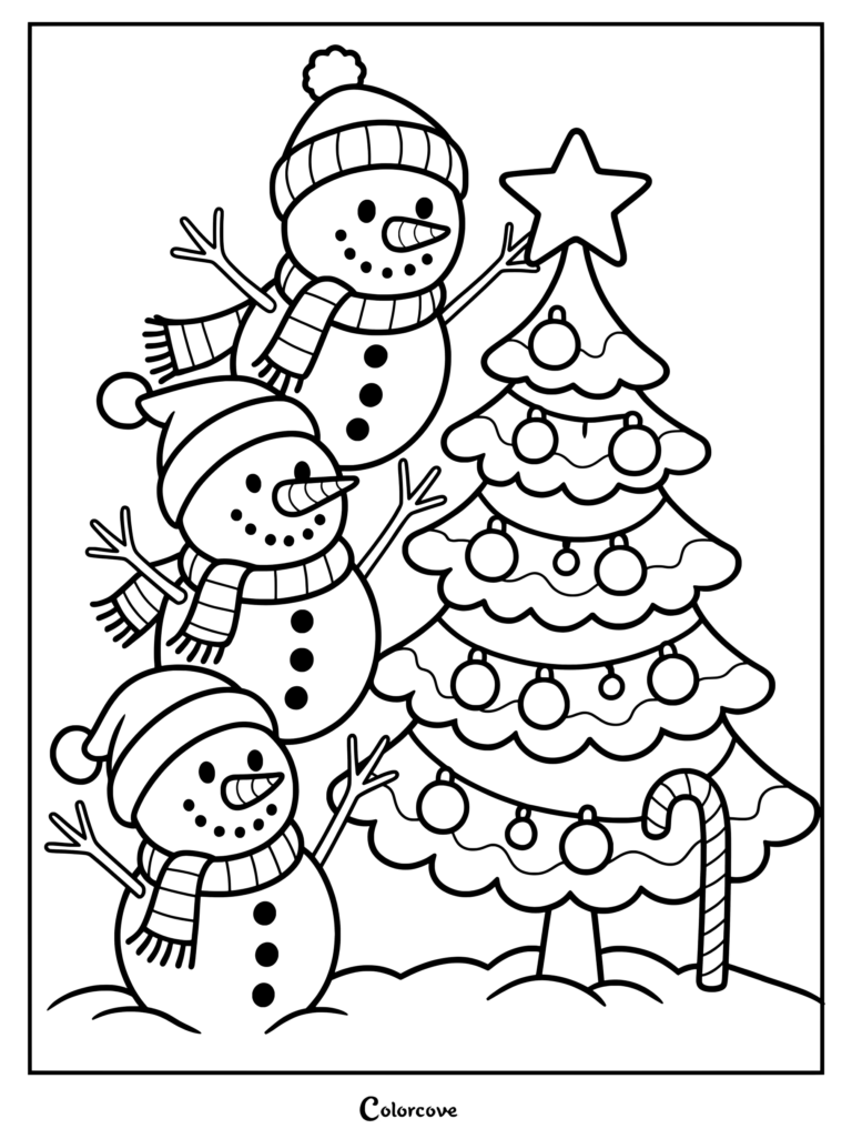 Three snowmen wearing hats and scarves decorating a Christmas tree with a star, coloring page.