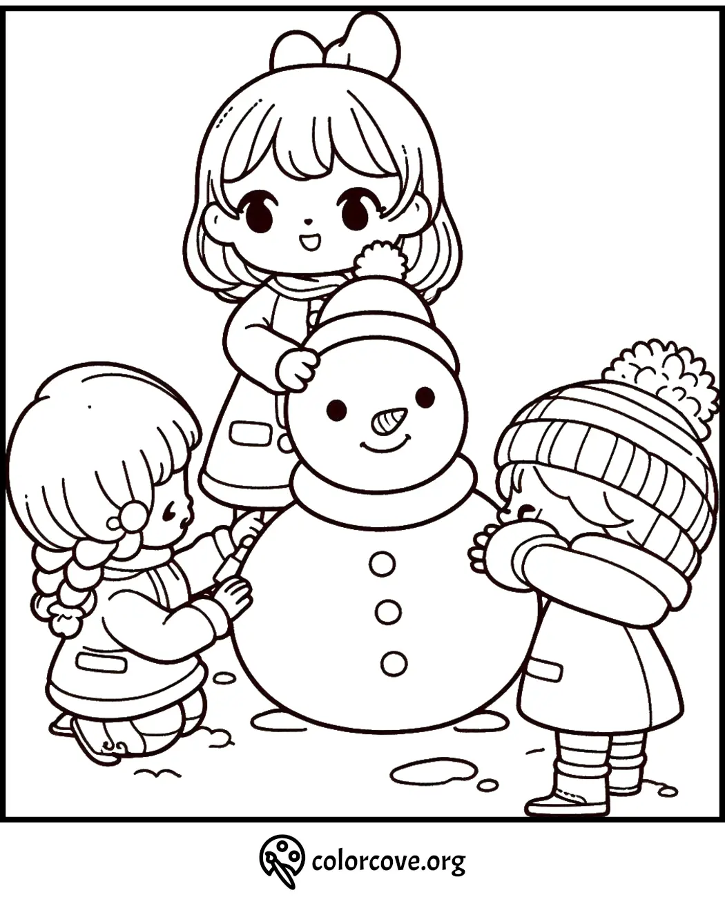 Kids building a snowman winter coloring page for children fun activity and creativity.