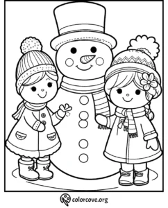 Children with snowman winter coloring page, cozy hats and scarves, festive holiday fun.