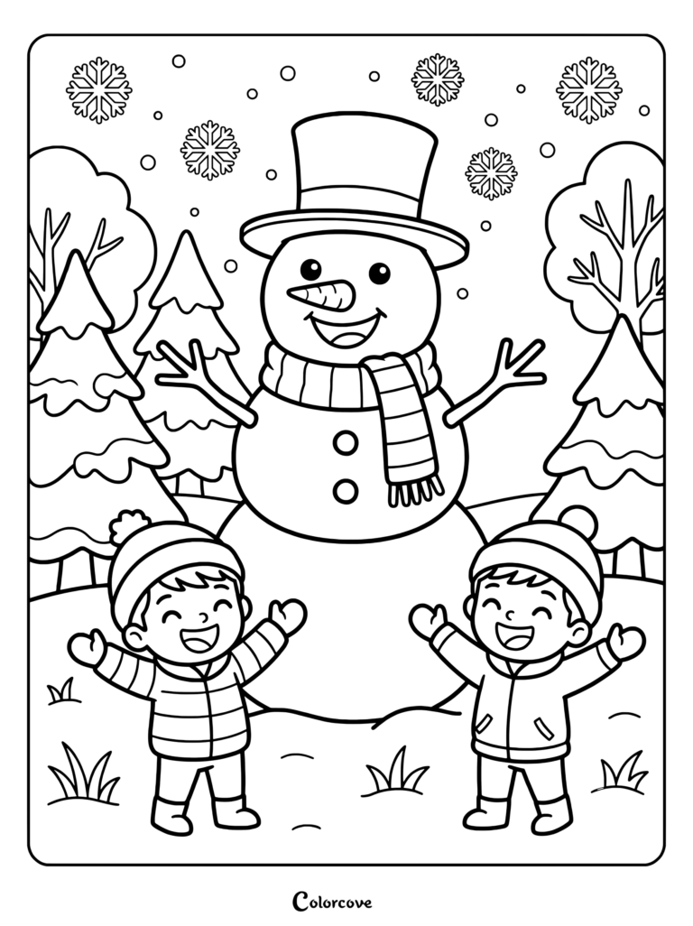 Two happy children standing next to a snowman wearing a top hat and scarf in a snowy forest coloring page