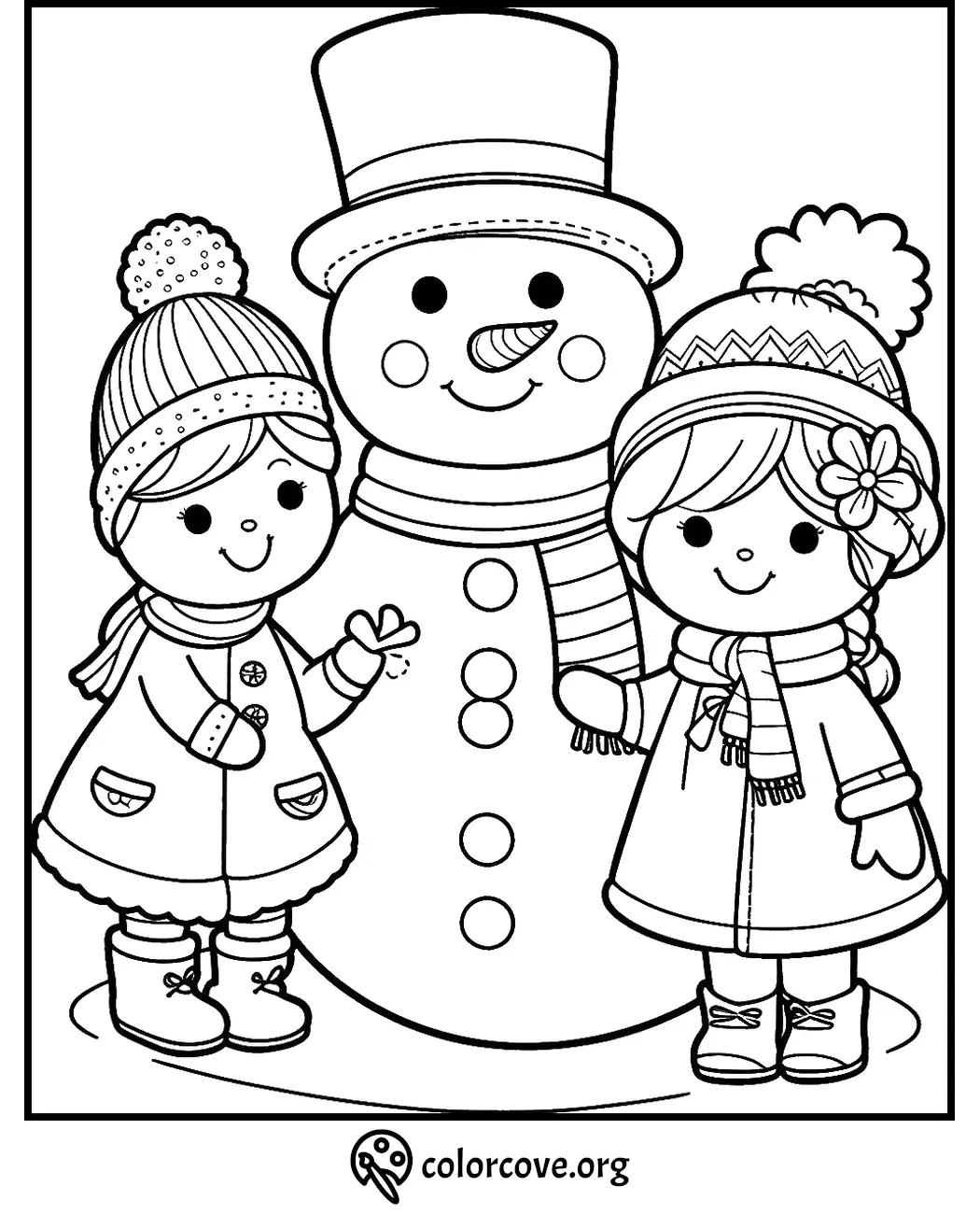 Children with snowman winter coloring page, cozy hats and scarves, festive holiday fun.