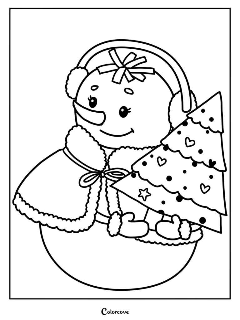 A cute snowman wearing earmuffs and a fur-trimmed cape holding a decorated Christmas tree in this printable coloring page.