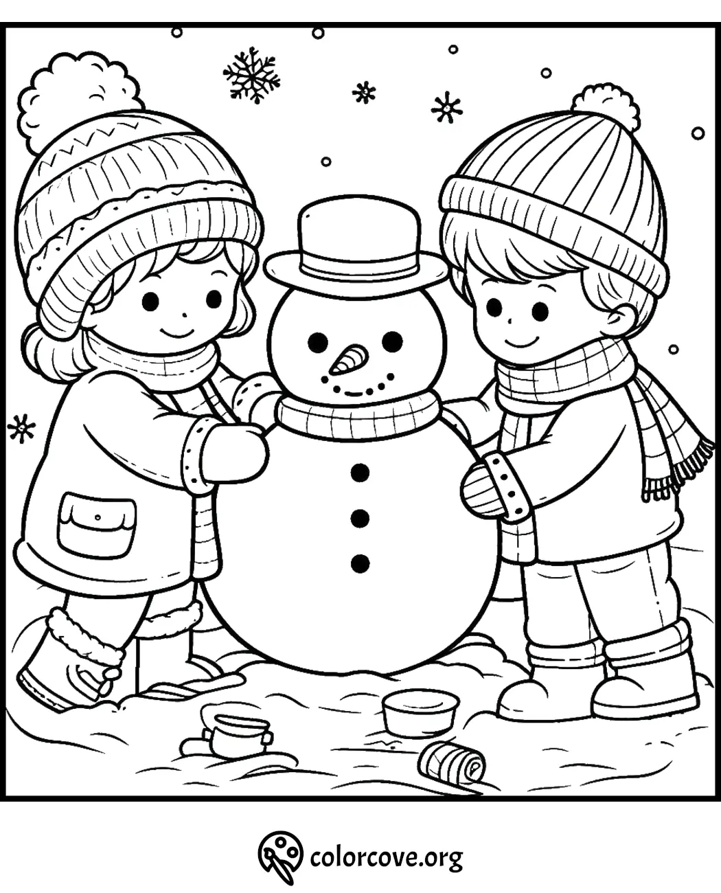 Kids building a snowman coloring page with hats and scarves, perfect for winter fun and holiday creativity.