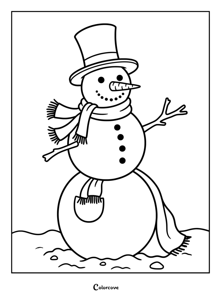 A friendly snowman wearing a top hat and fringed scarf, waving with a twig arm, featured on a printable coloring page.