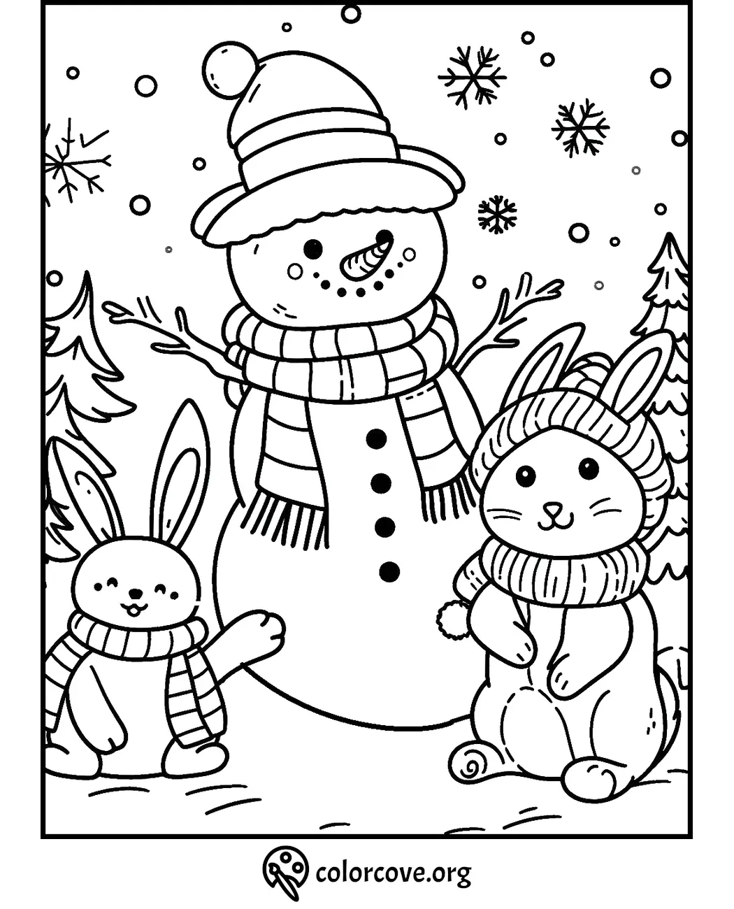 Snowman with scarf and hat, two cute bunnies in snow, winter trees, snowflakes; free printable coloring page.