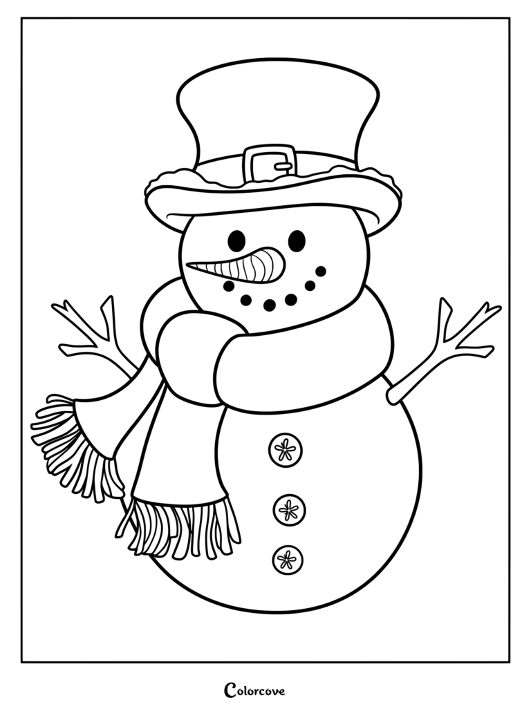 A simple snowman coloring page featuring a carrot nose, top hat with a buckle, and a fringed scarf.