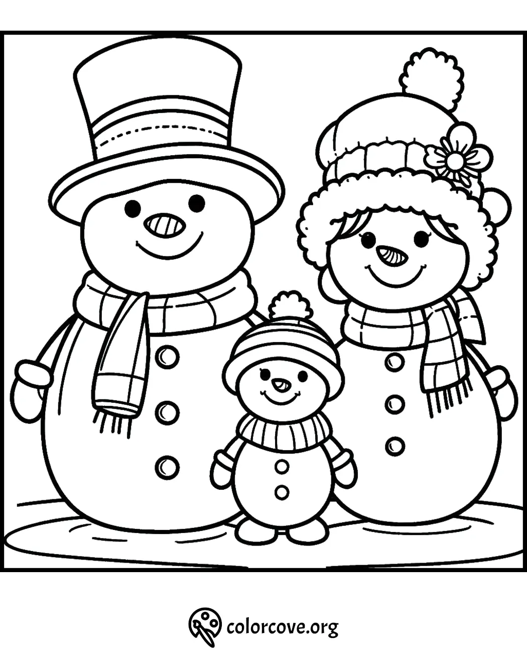 Snowman family coloring page with hats and scarves, perfect for kids' winter holiday fun and creativity.