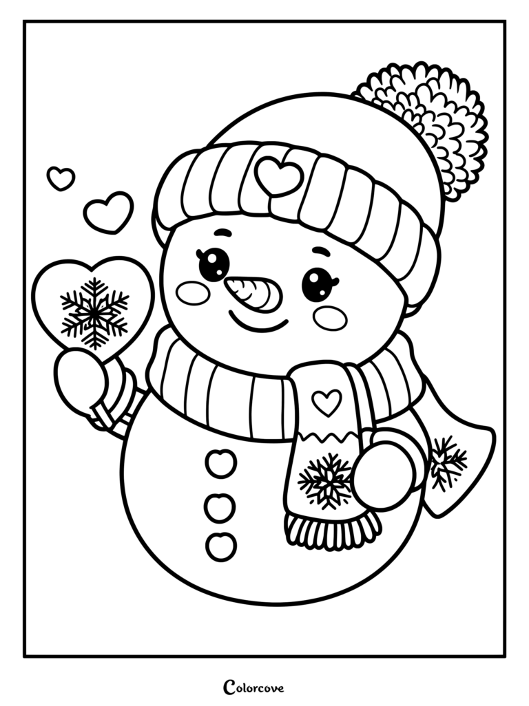 A cute snowman wearing a heart-patterned beanie and scarf holding a snowflake heart, printable coloring page.