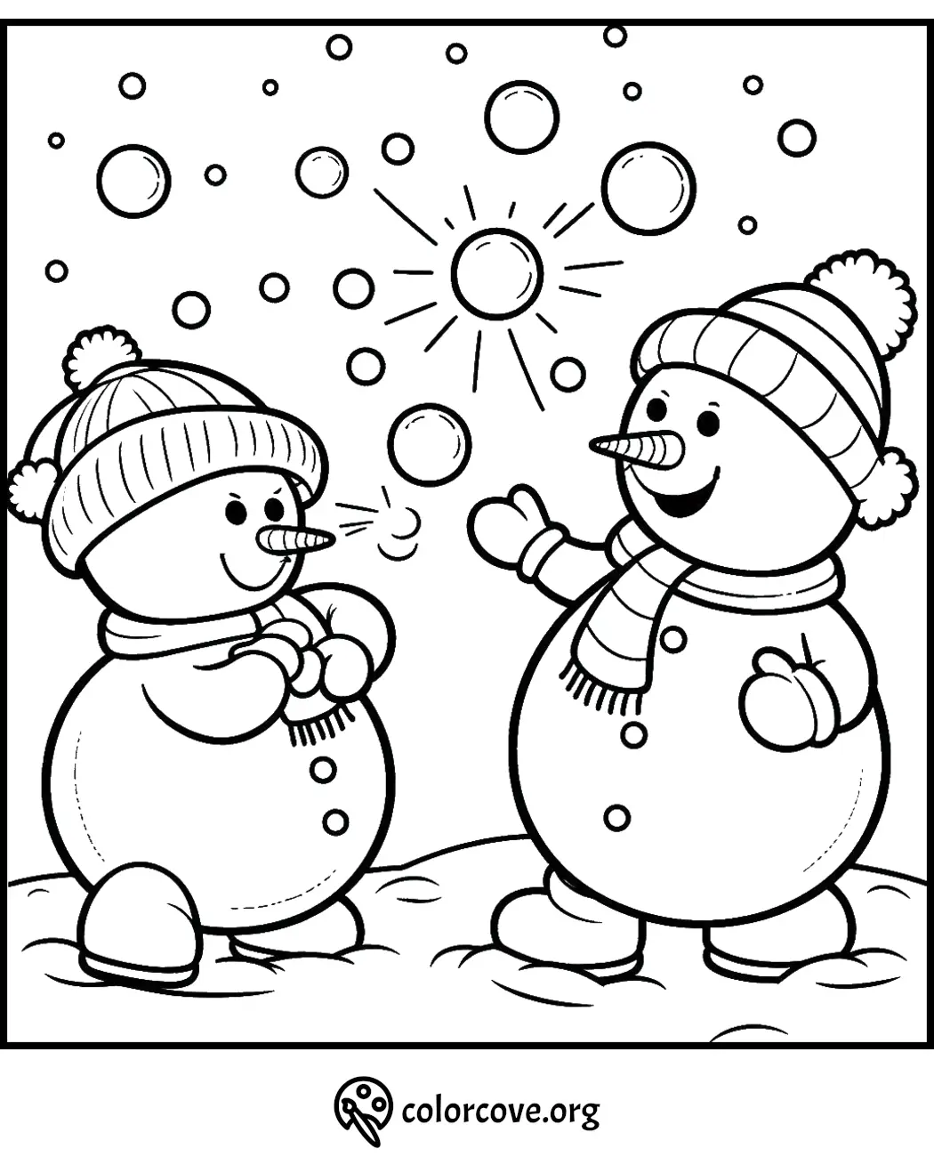 Two cheerful snowmen wearing hats and scarves surrounded by falling snowflakes on a winter coloring page.