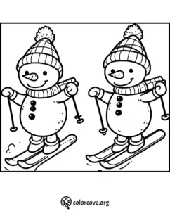 Cute snowman skiing coloring page for kids. Winter activity illustration with snowmen on skis. Fun printable art.