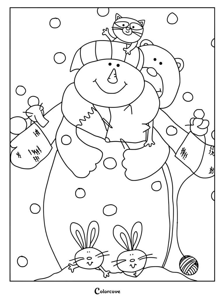 A snowman knitting with a raccoon and bear on its shoulders and two bunnies at its feet in this winter coloring page.