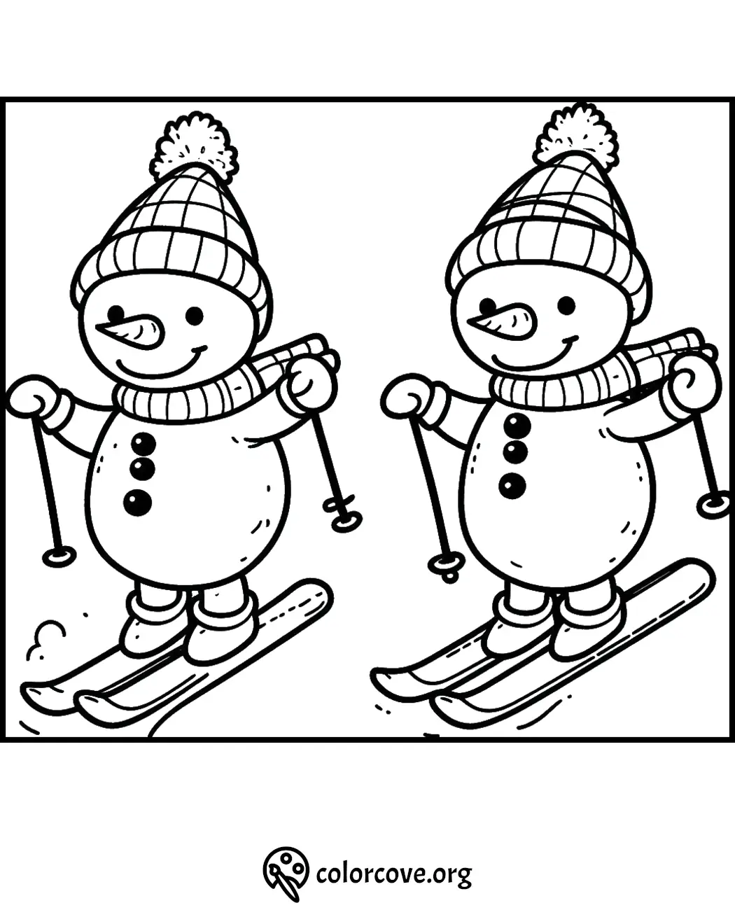 Cute snowman skiing coloring page for kids. Winter activity illustration with snowmen on skis. Fun printable art.