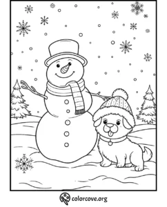 Snowman and puppy in winter scene coloring page with snowflakes and trees.