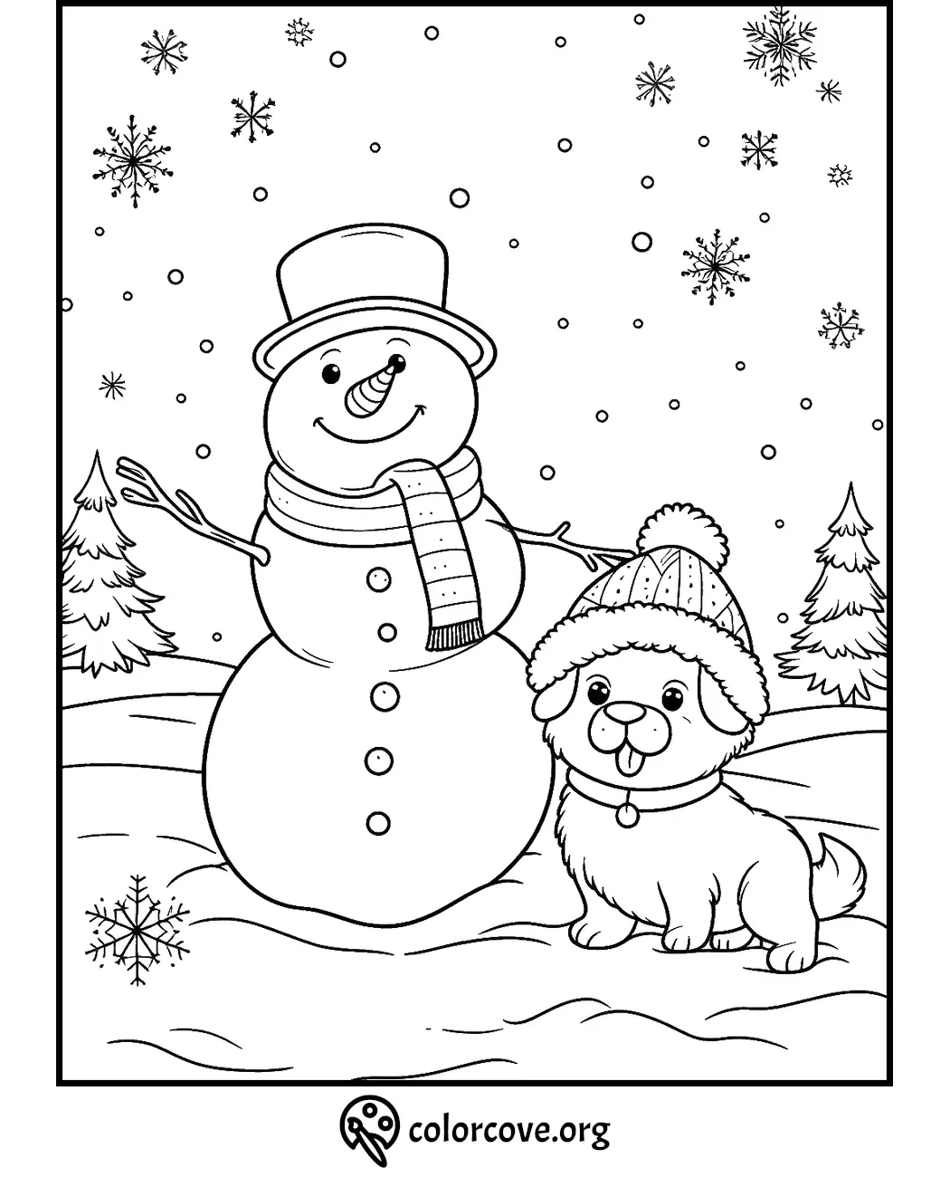 Snowman and puppy in winter scene coloring page with snowflakes and trees.