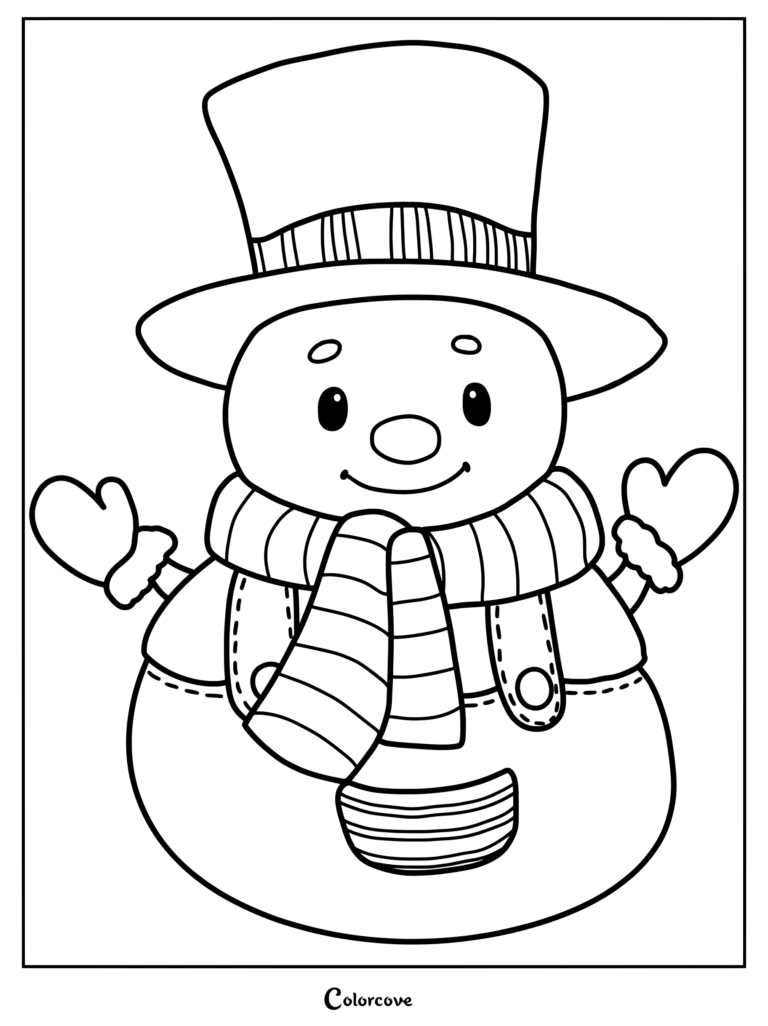 A cute snowman wearing a striped scarf, mittens, and a tall top hat in this printable coloring page.
