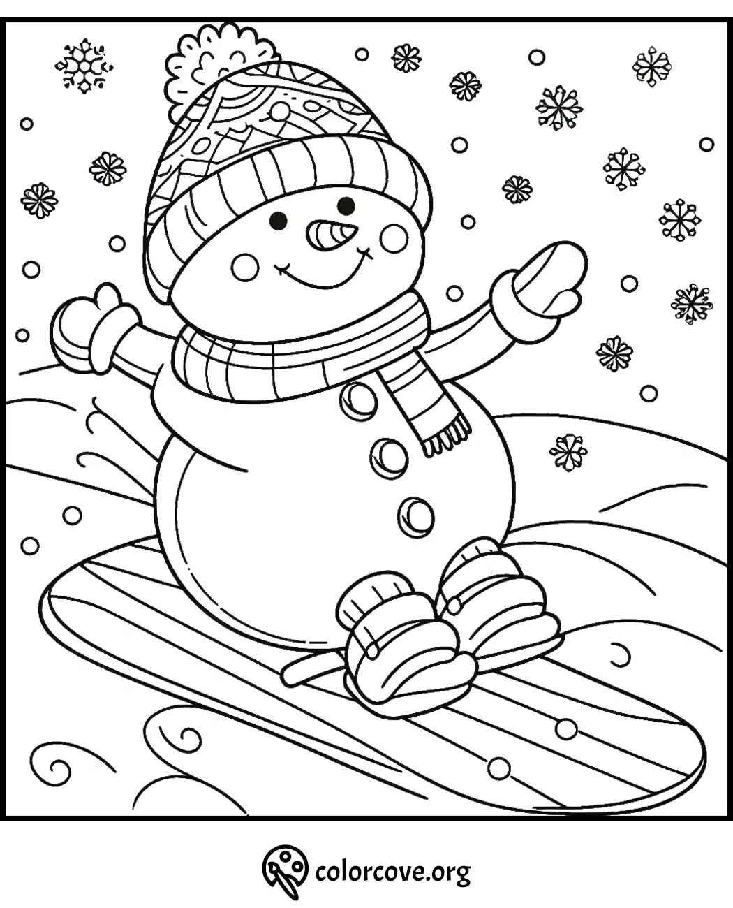 Coloring page: cheerful snowman sledding down a snowy hill, wearing a cozy hat and scarf, with falling snowflakes around.