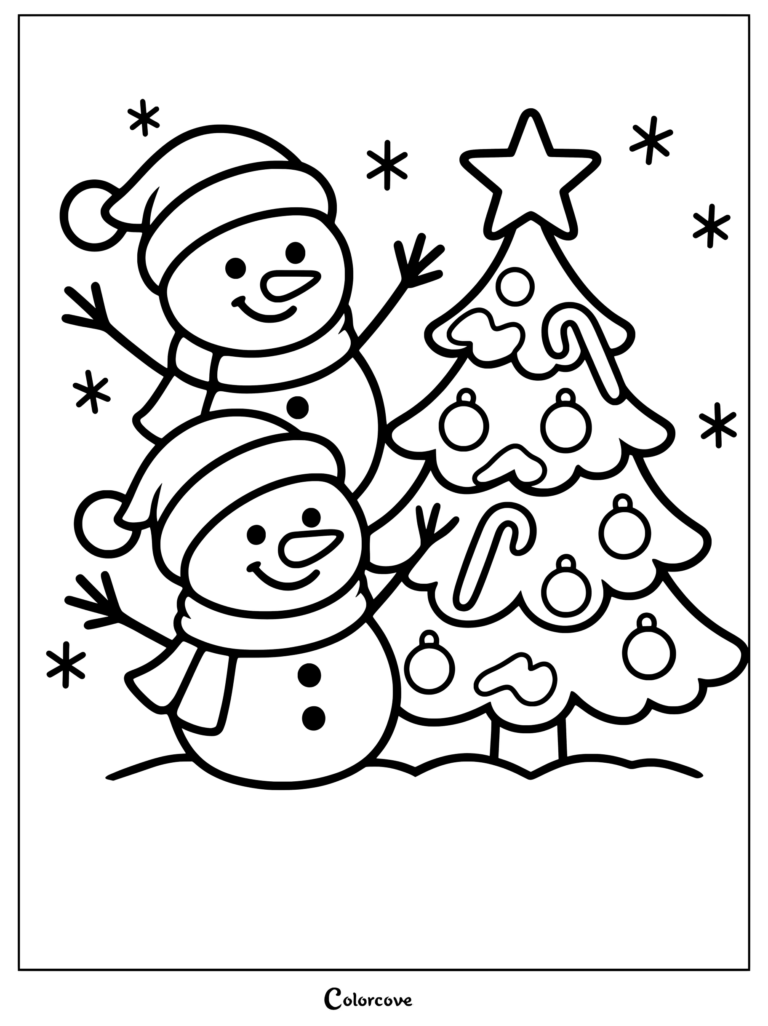 Two happy snowmen wearing hats and scarves standing next to a decorated Christmas tree with ornaments and a star in this printable coloring page.