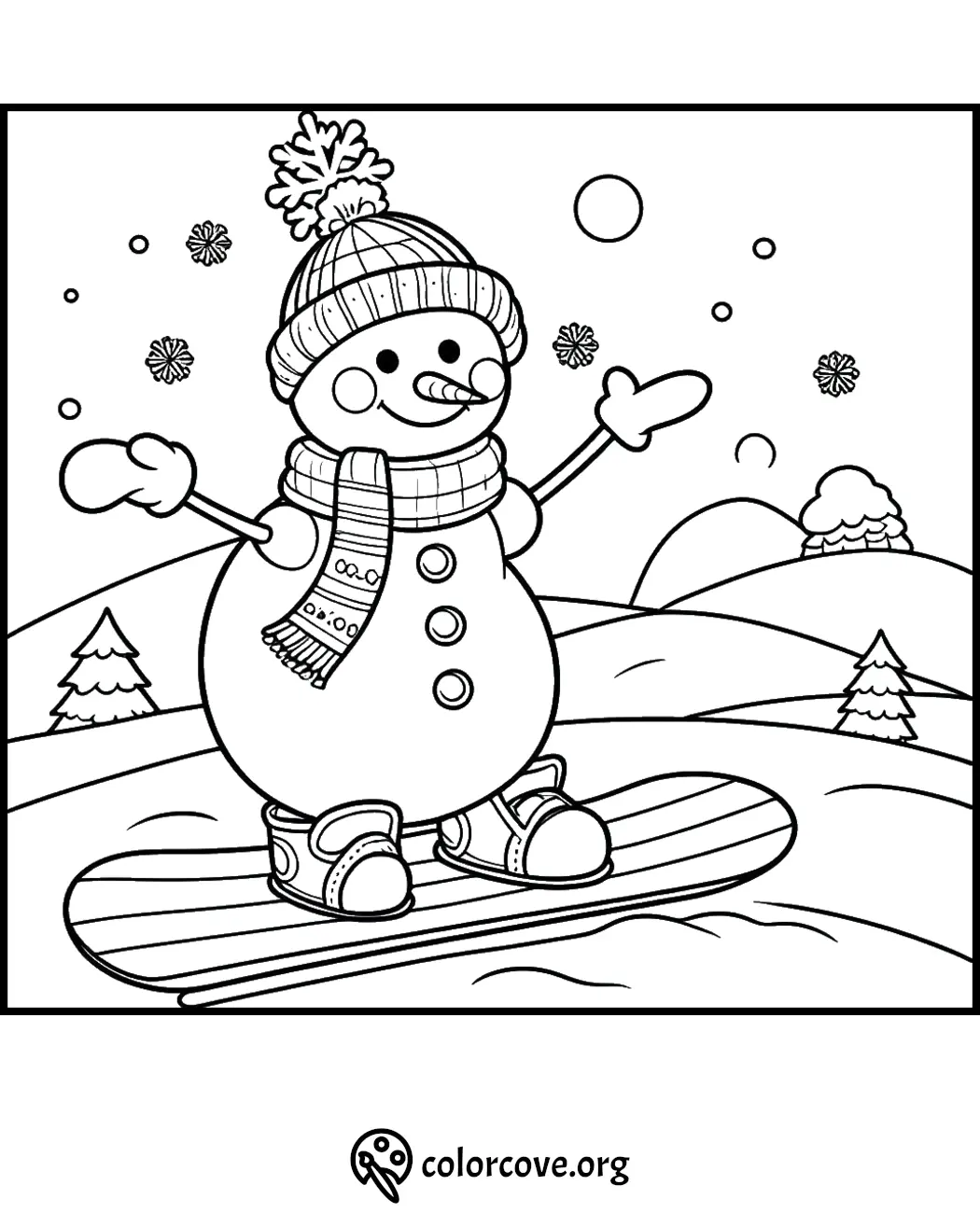 Snowman snowboarding coloring page with winter scenery, trees, and snowflakes. Perfect for holiday fun and creativity.