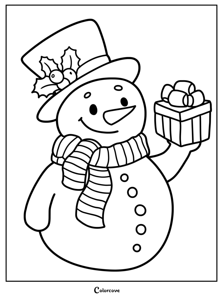 A happy snowman wearing a holly-decorated top hat and striped scarf holding a wrapped Christmas present in this printable coloring page.