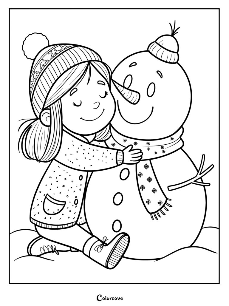 A young girl in a winter hat and coat hugging a smiling snowman wearing a scarf, printable coloring page.
