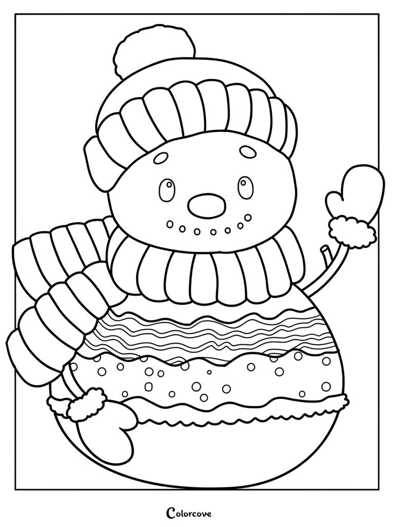 A friendly snowman wearing a striped beanie and scarf with patterned sweater details in this printable coloring page.