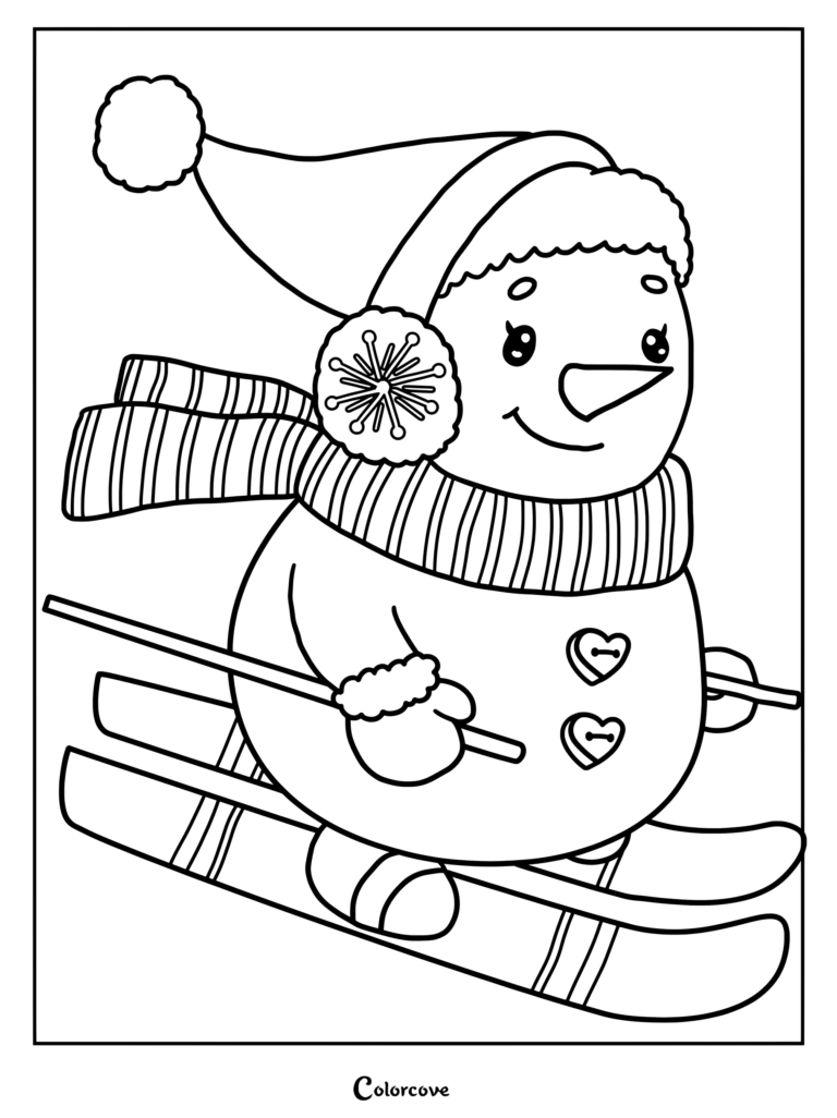 A cute snowman wearing a winter hat, scarf, and earmuffs while skiing, presented as a printable coloring page.