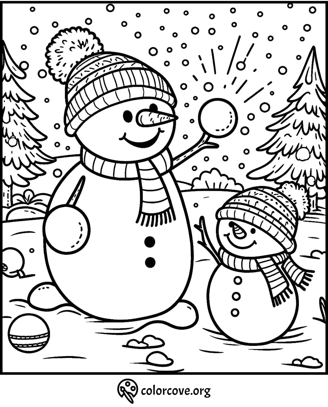 Snowman coloring page featuring two playful snowmen with winter hats and scarves in a snowy landscape.