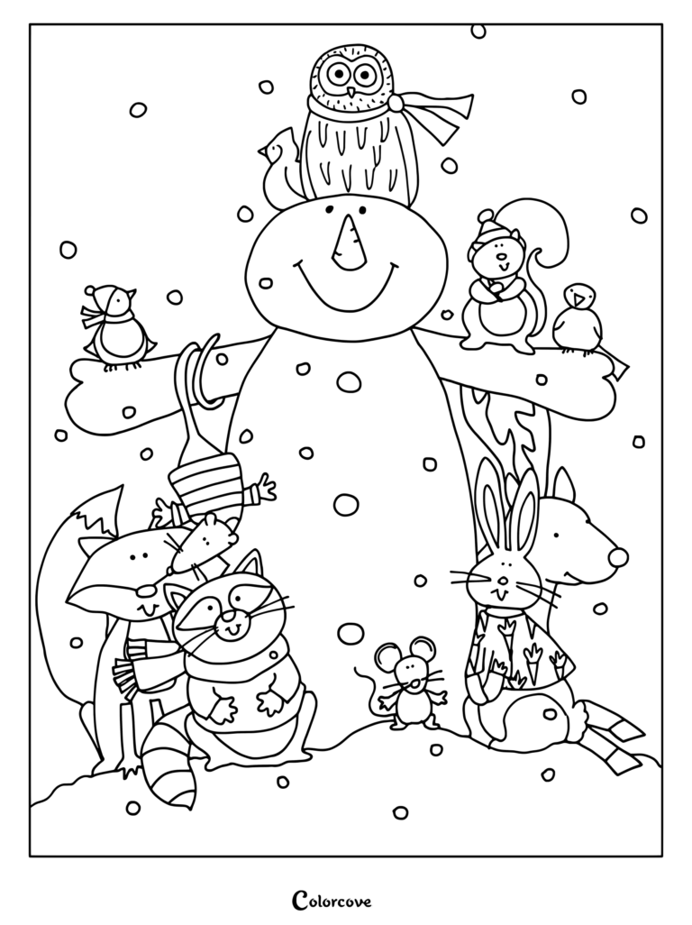 A snowman surrounded by a raccoon, fox, rabbit, mouse, owl, and birds in a winter coloring page scene.