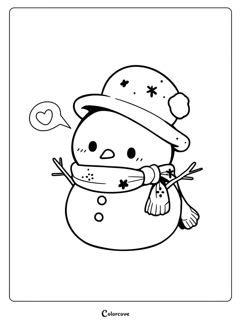 Kawaii snowman wearing a star-patterned hat and scarf with a heart speech bubble coloring page