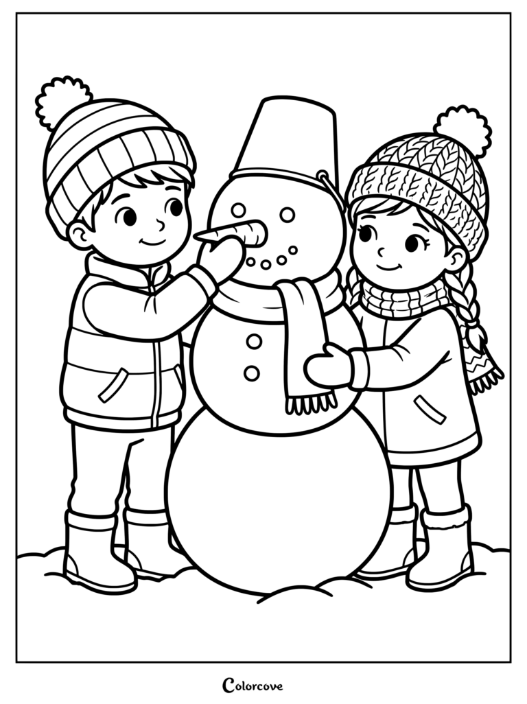 A boy and girl in winter hats and coats building a snowman with a bucket hat and scarf in this printable coloring page.