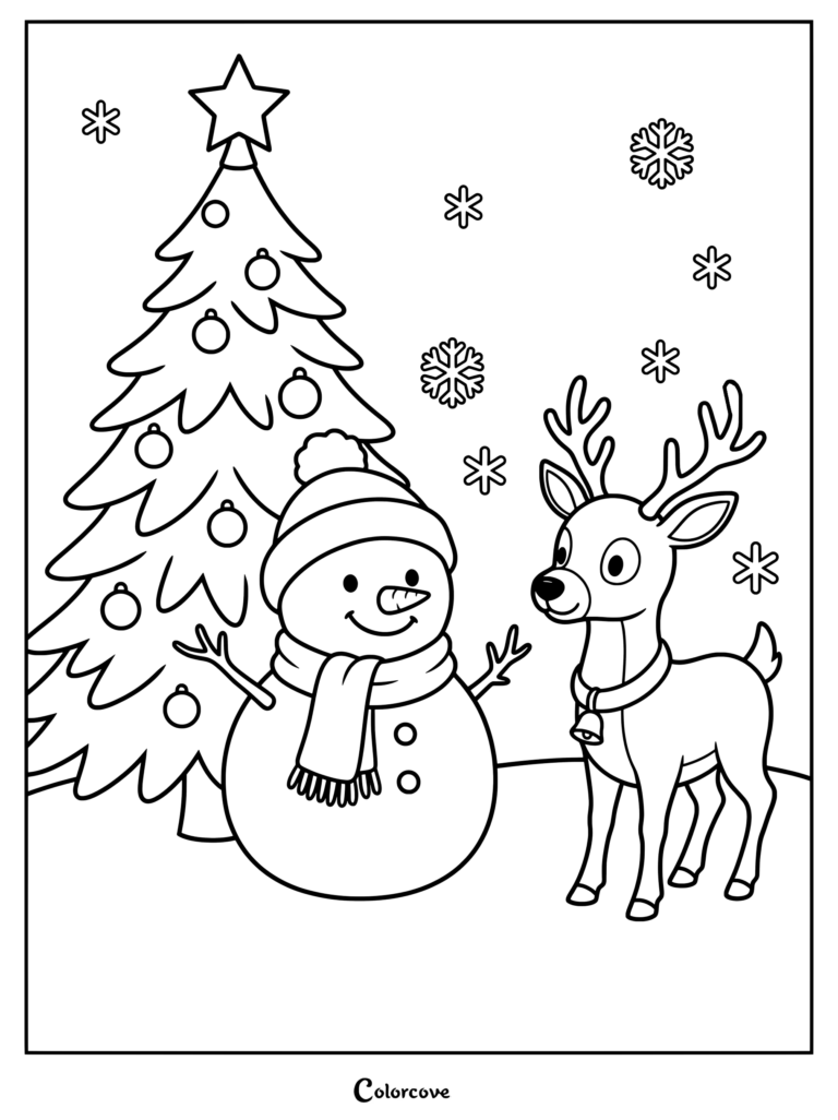 A snowman wearing a beanie and scarf standing next to a reindeer with a bell collar in front of a decorated Christmas tree, coloring page.