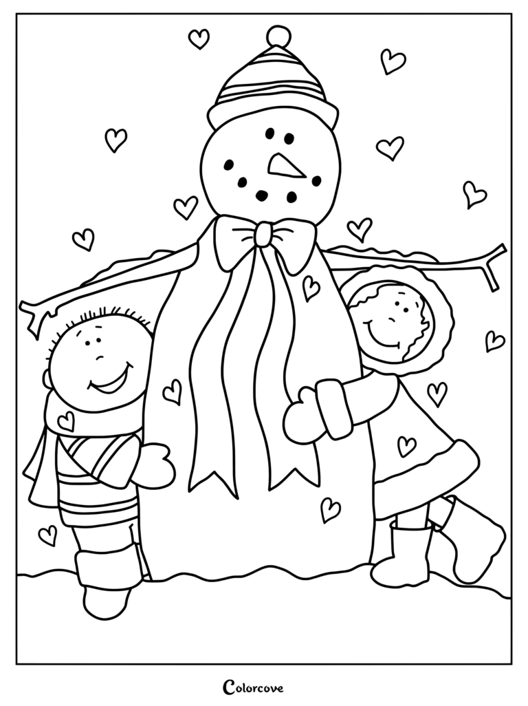 A boy and girl in winter gear hugging a snowman with a bow, surrounded by floating hearts in this printable coloring page.