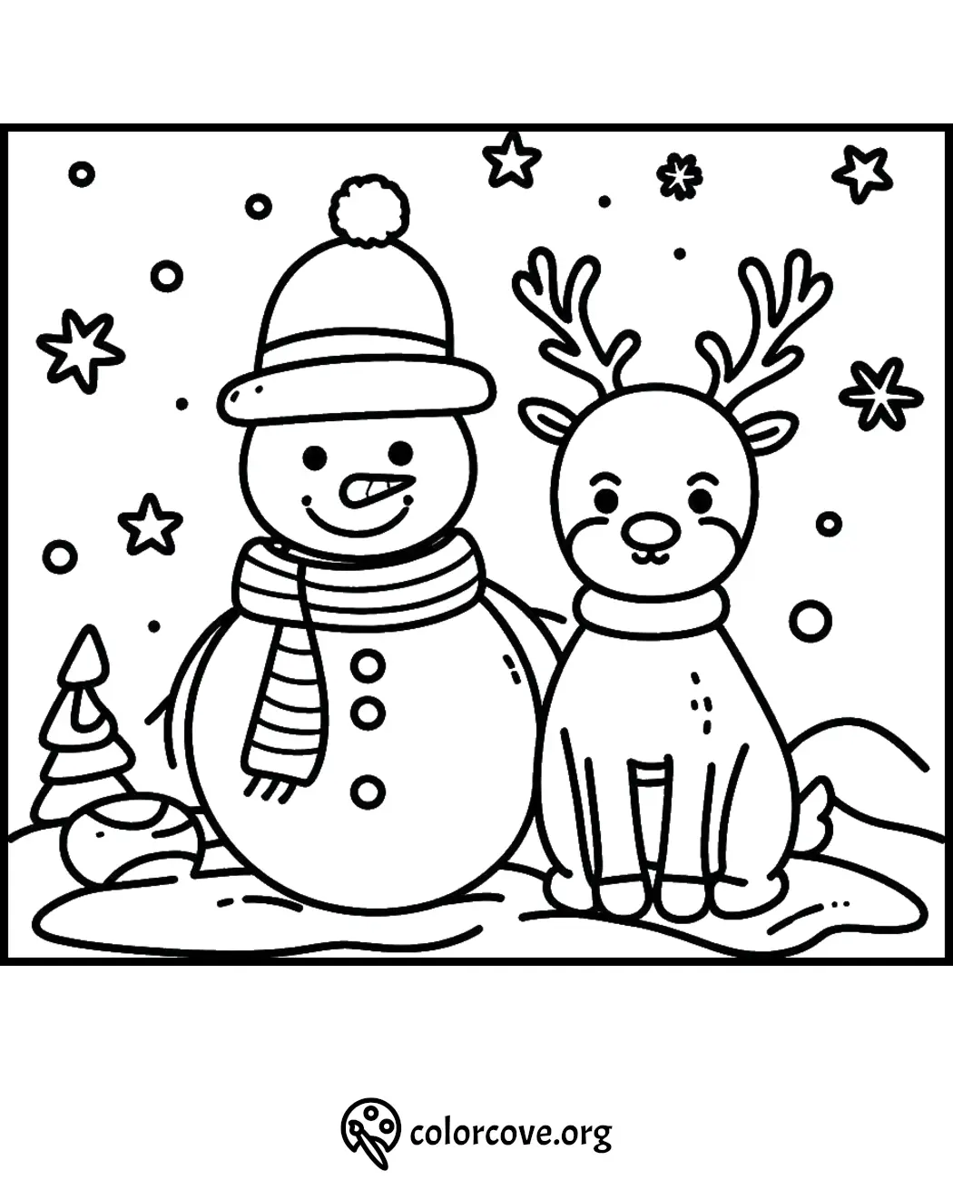 Cute snowman and reindeer coloring page with stars and snowflakes for kids' Christmas fun.