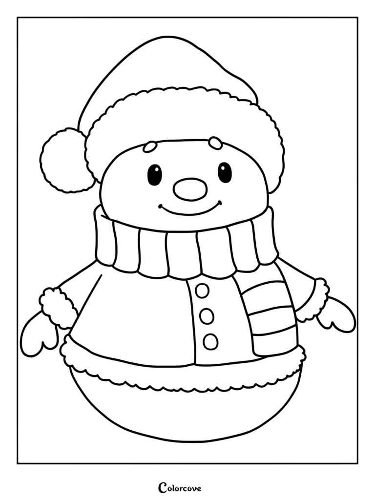 A cute snowman wearing a pom-pom hat, scarf, and coat in this printable coloring page.