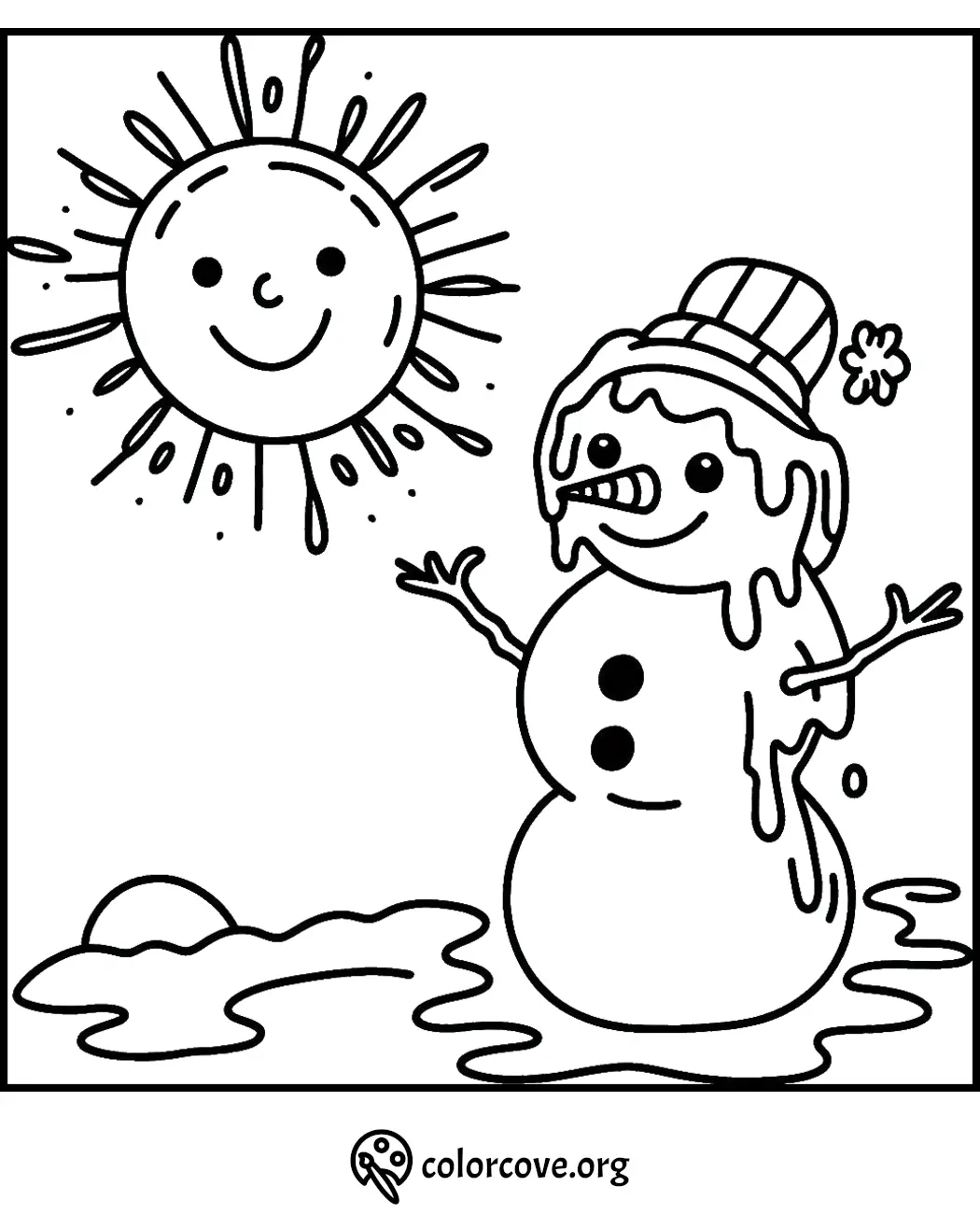 Melting snowman under a smiling sun coloring page for kids, fun winter activity.